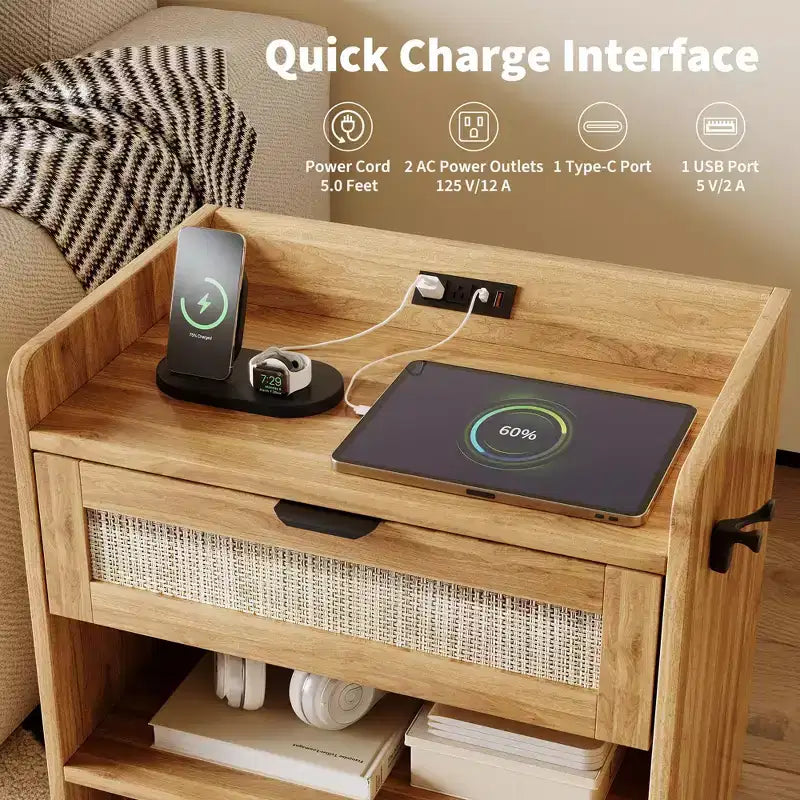 Rattan Nightstand, Bedside Table, 1 Storage Drawer & Open Storage Space, Boho End Table Side Table for Bedroom Living Room Office, Large Night Stand