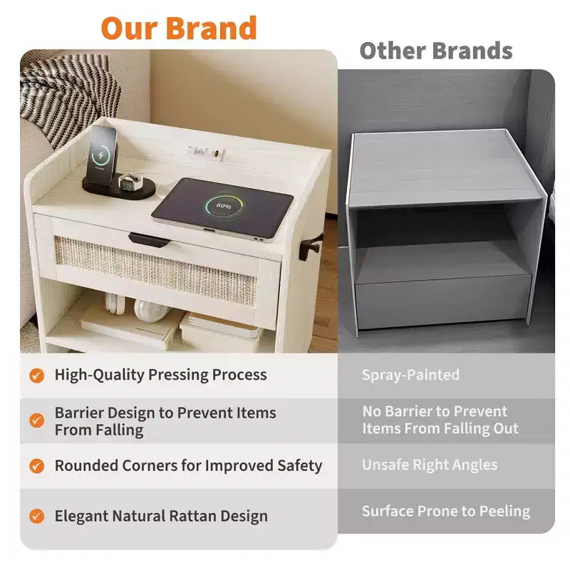Rattan Nightstand, Bedside Table, 1 Storage Drawer & Open Storage Space, Boho End Table Side Table for Bedroom Living Room Office, Large Night Stand