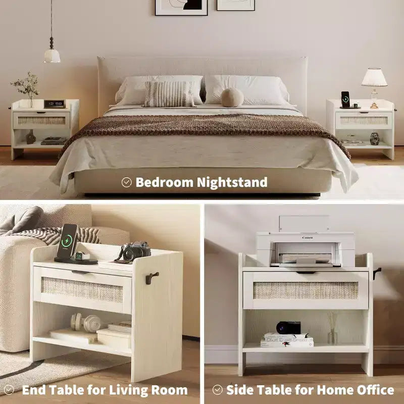 Rattan Nightstand, Bedside Table, 1 Storage Drawer & Open Storage Space, Boho End Table Side Table for Bedroom Living Room Office, Large Night Stand