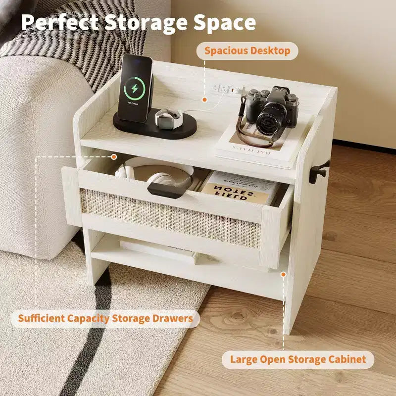 Rattan Nightstand, Bedside Table, 1 Storage Drawer & Open Storage Space, Boho End Table Side Table for Bedroom Living Room Office, Large Night Stand