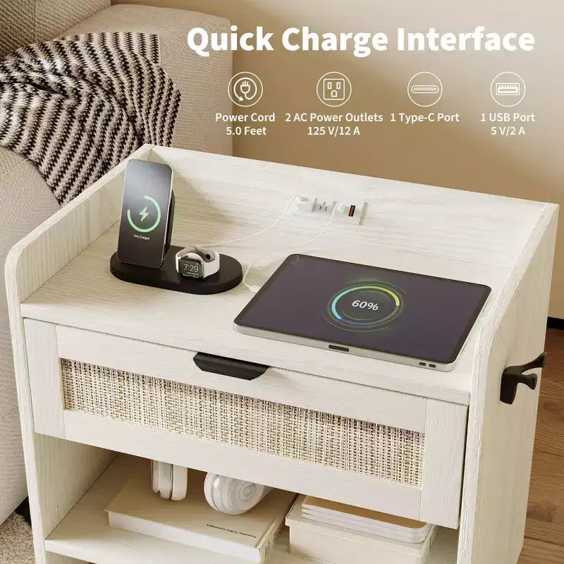 Rattan Nightstand, Bedside Table, 1 Storage Drawer & Open Storage Space, Boho End Table Side Table for Bedroom Living Room Office, Large Night Stand