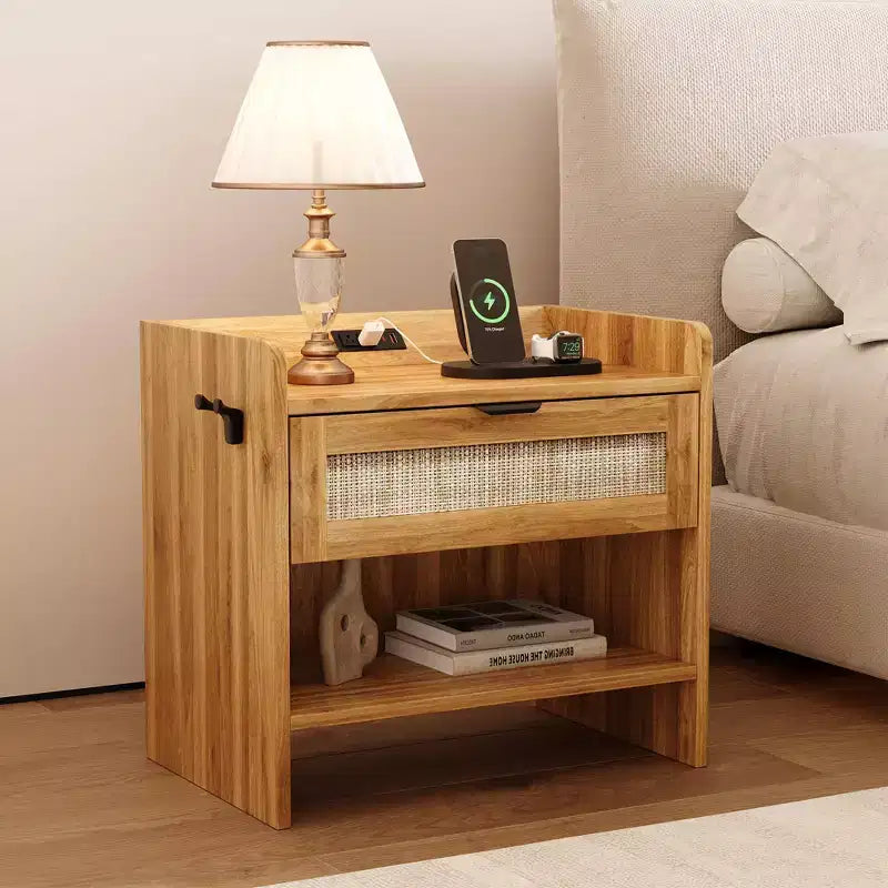 Rattan Nightstand, Bedside Table, 1 Storage Drawer & Open Storage Space, Boho End Table Side Table for Bedroom Living Room Office, Large Night Stand
