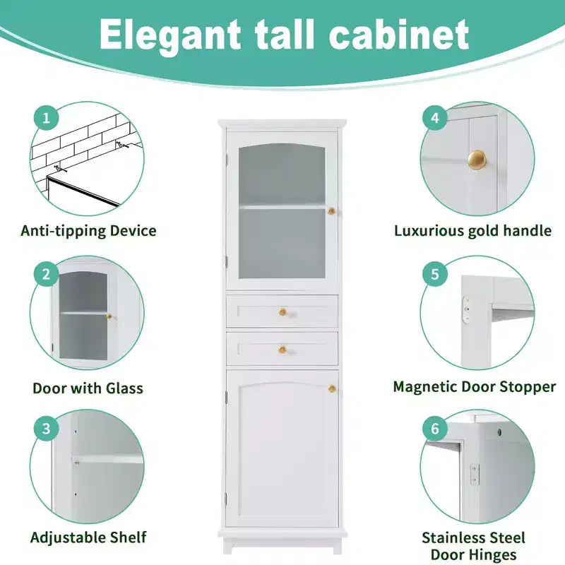 Okak 63 Inch Tall Bathroom Storage Cabinet with Glass Doors, Slim Freestanding Storage Cabinet with 2 Drawers and Adjustable Shelf