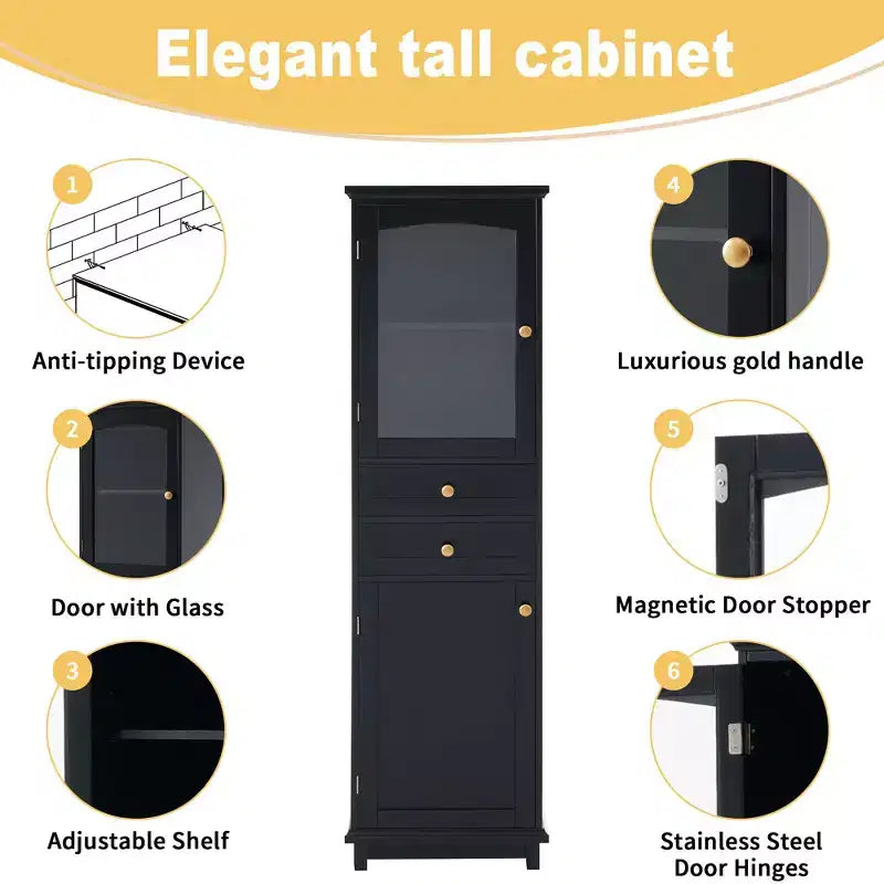 Okak 63 Inch Tall Bathroom Storage Cabinet with Glass Doors, Slim Freestanding Storage Cabinet with 2 Drawers and Adjustable Shelf