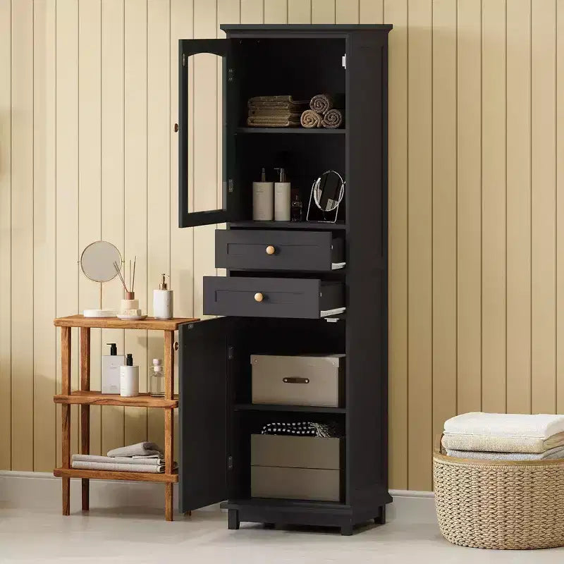 Okak 63 Inch Tall Bathroom Storage Cabinet with Glass Doors, Slim Freestanding Storage Cabinet with 2 Drawers and Adjustable Shelf
