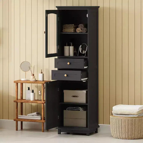 Okak 63 Inch Tall Bathroom Storage Cabinet with Glass Doors, Slim Freestanding Storage Cabinet with 2 Drawers and Adjustable Shelf