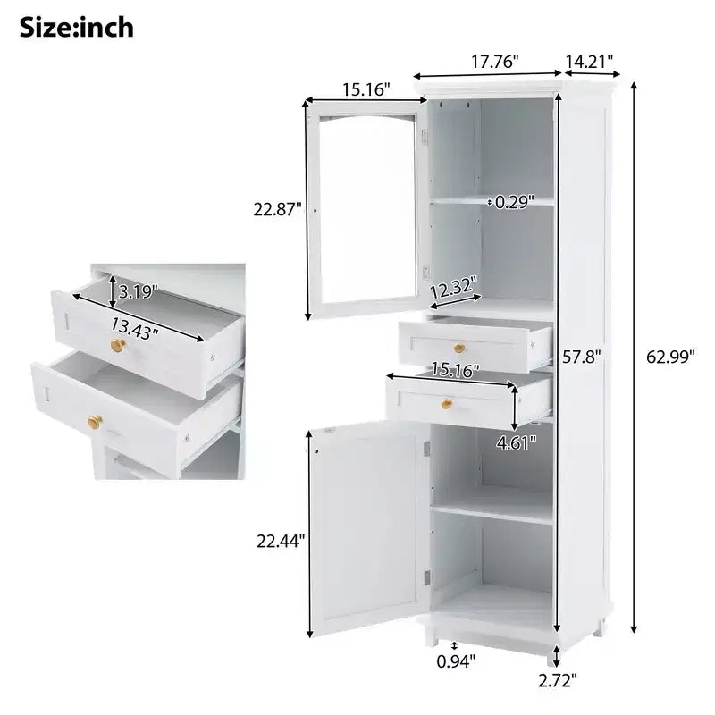 Okak 63 Inch Tall Bathroom Storage Cabinet with Glass Doors, Slim Freestanding Storage Cabinet with 2 Drawers and Adjustable Shelf