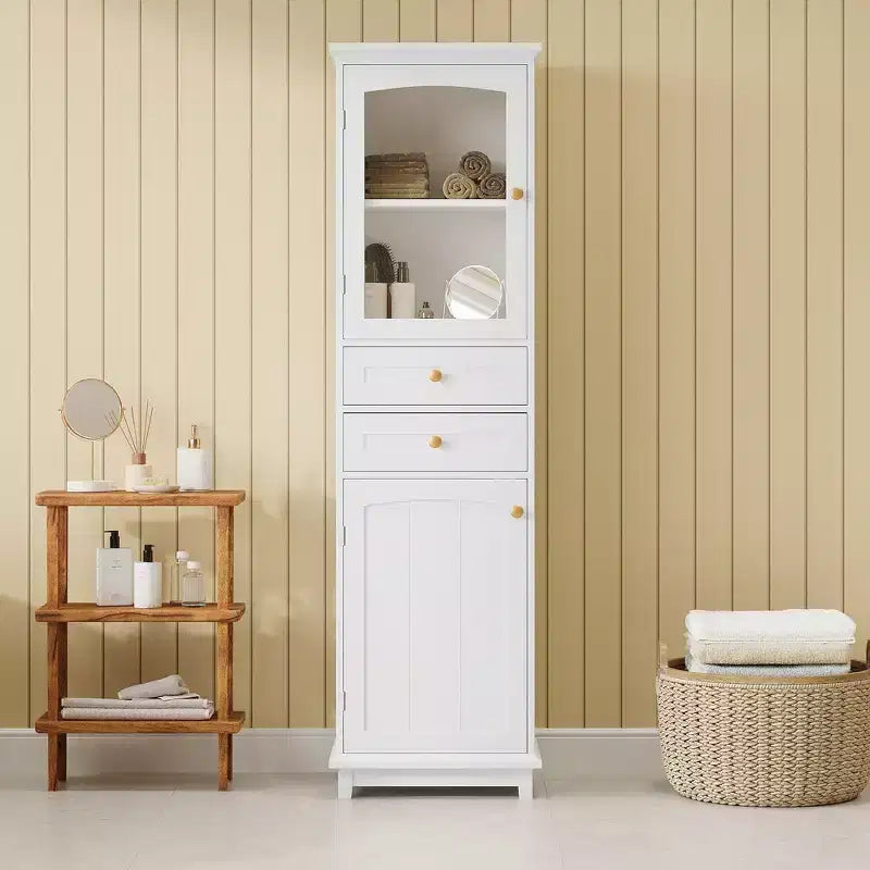 Okak 63 Inch Tall Bathroom Storage Cabinet with Glass Doors, Slim Freestanding Storage Cabinet with 2 Drawers and Adjustable Shelf