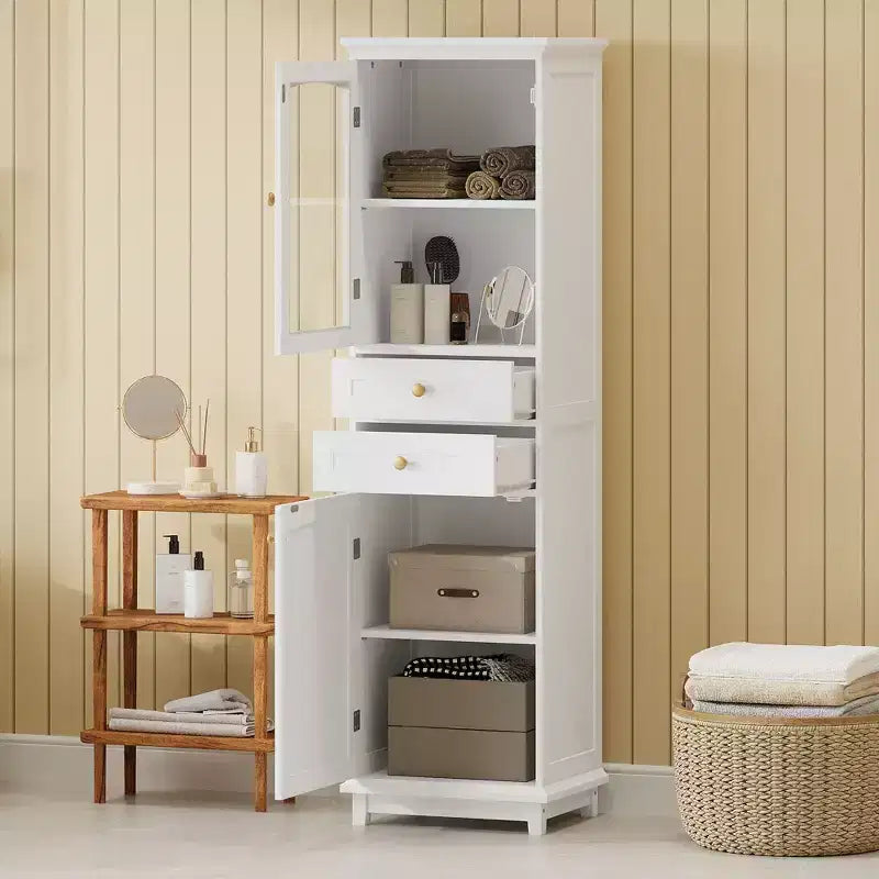 Okak 63 Inch Tall Bathroom Storage Cabinet with Glass Doors, Slim Freestanding Storage Cabinet with 2 Drawers and Adjustable Shelf