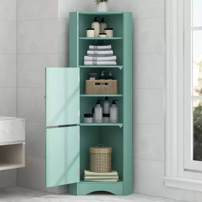 Okak 61 Inch Freestanding Corner Storage Cabinet, Tall Bathroom Storage Cabinet with Open Shelves and Doors
