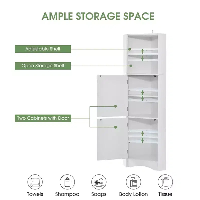 Okak 61 Inch Freestanding Corner Storage Cabinet, Tall Bathroom Storage Cabinet with Open Shelves and Doors