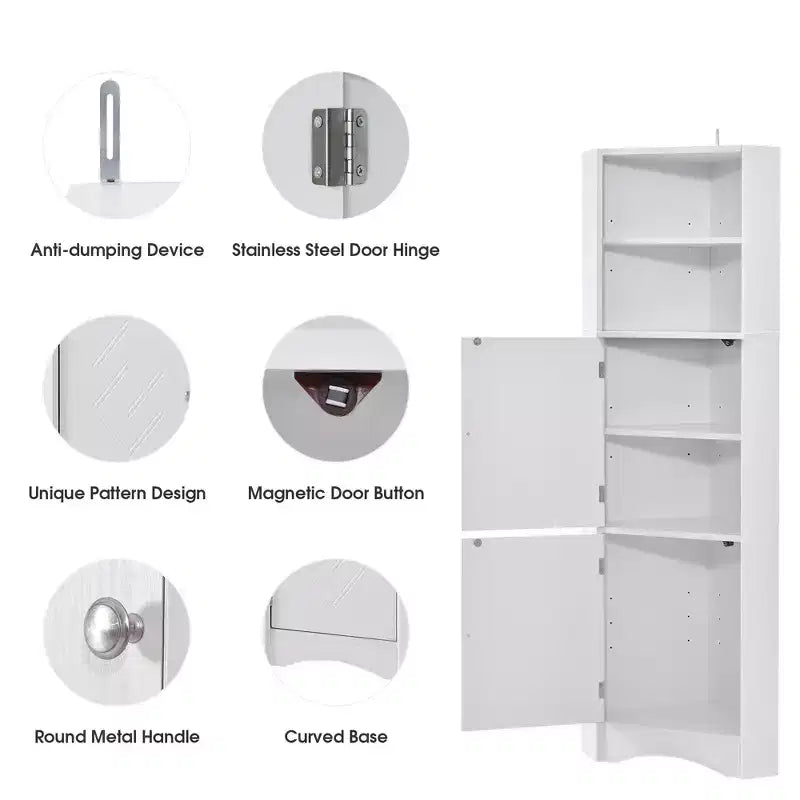Okak 61 Inch Freestanding Corner Storage Cabinet, Tall Bathroom Storage Cabinet with Open Shelves and Doors
