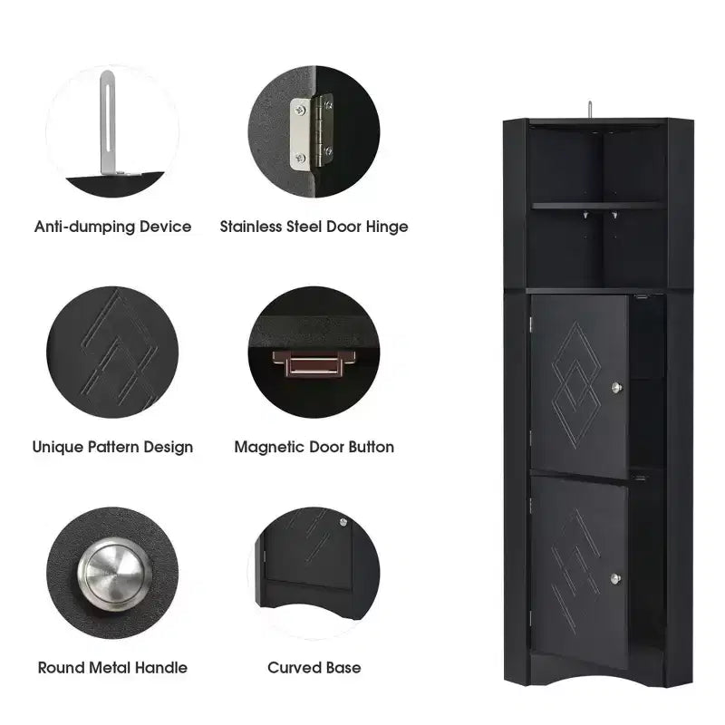 Okak 61 Inch Freestanding Corner Storage Cabinet, Tall Bathroom Storage Cabinet with Open Shelves and Doors