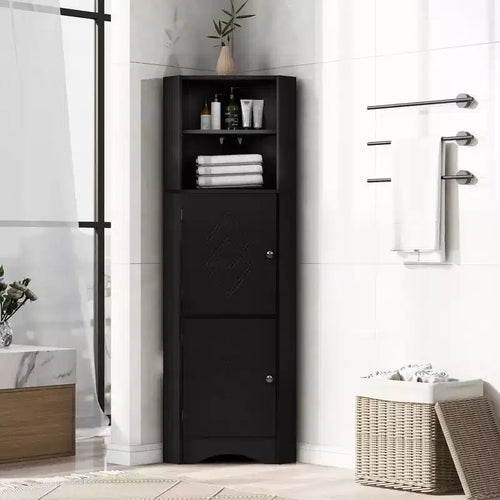 Okak 61 Inch Freestanding Corner Storage Cabinet, Tall Bathroom Storage Cabinet with Open Shelves and Doors