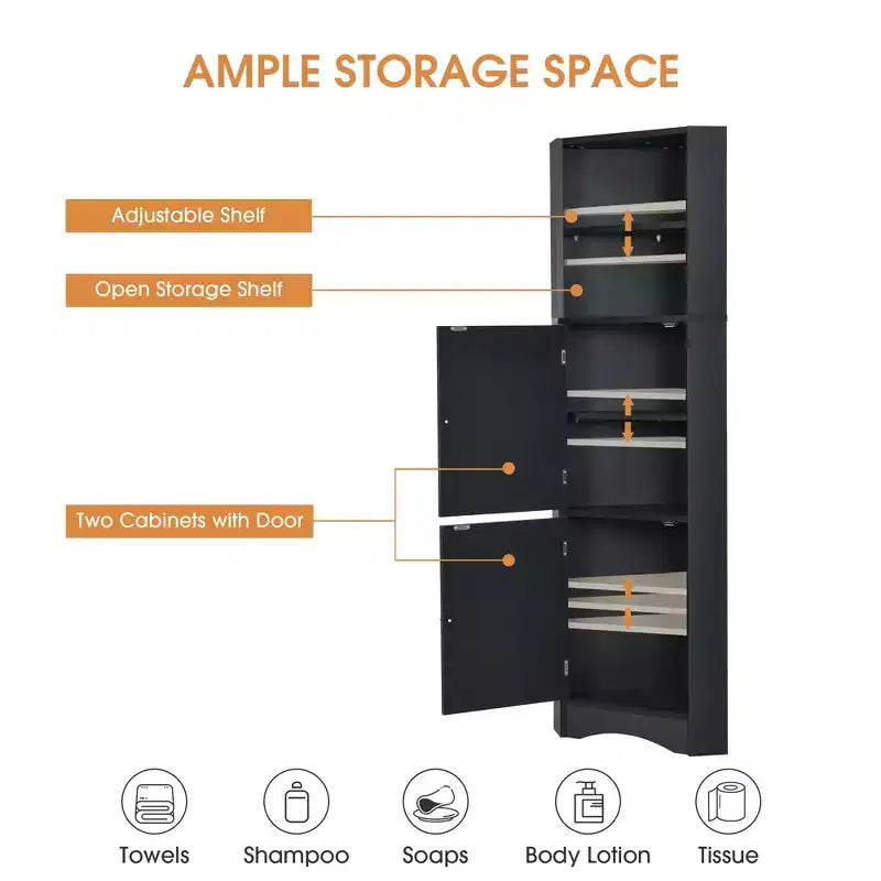 Okak 61 Inch Freestanding Corner Storage Cabinet, Tall Bathroom Storage Cabinet with Open Shelves and Doors