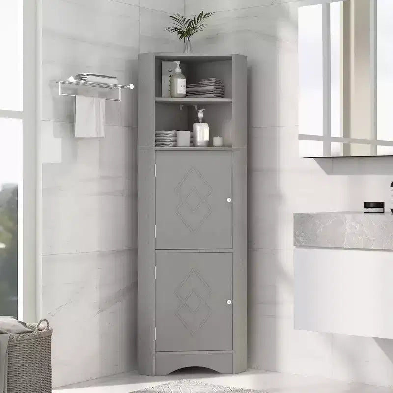 Okak 61 Inch Freestanding Corner Storage Cabinet, Tall Bathroom Storage Cabinet with Open Shelves and Doors