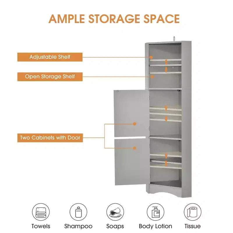 Okak 61 Inch Freestanding Corner Storage Cabinet, Tall Bathroom Storage Cabinet with Open Shelves and Doors