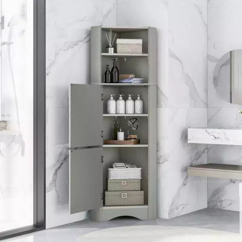 Okak 61 Inch Freestanding Corner Storage Cabinet, Tall Bathroom Storage Cabinet with Open Shelves and Doors