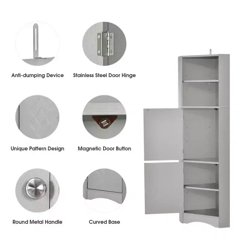 Okak 61 Inch Freestanding Corner Storage Cabinet, Tall Bathroom Storage Cabinet with Open Shelves and Doors
