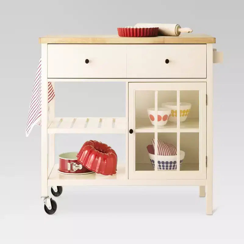 Windham Wood Top Kitchen Island Off White - Threshold™ (Assembly required): Pine & Rubberwood Frame, Storage Cart with Casters