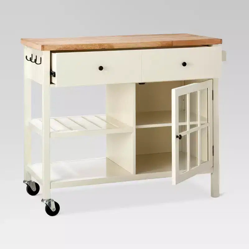Windham Wood Top Kitchen Island Off White - Threshold™ (Assembly required): Pine & Rubberwood Frame, Storage Cart with Casters