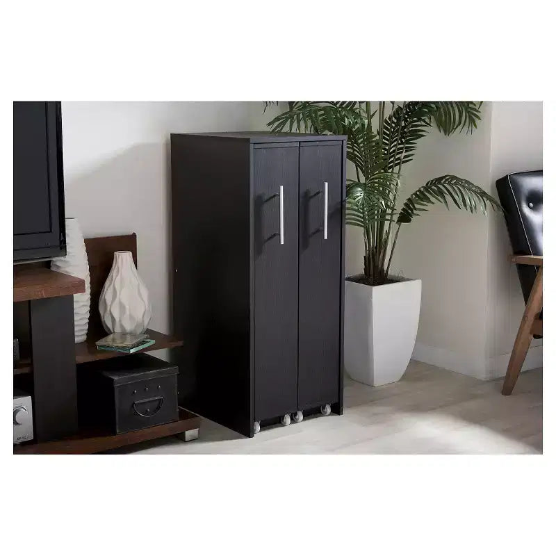 Baxton Studio Lindo Wood Bookcase with Two Pulled-out Doors Shelving Cabinet - Dark Brown: Media Storage, 10 Shelves, 54.25" Height