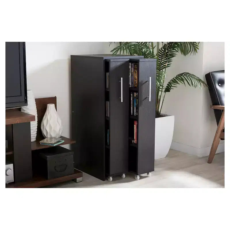 Baxton Studio Lindo Wood Bookcase with Two Pulled-out Doors Shelving Cabinet - Dark Brown: Media Storage, 10 Shelves, 54.25" Height