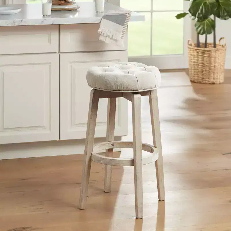 55 Downing Street Shelby White Wood Swivel Bar Stool 29 High Farmhouse Rustic Oatmeal Upholstered Cushion with Footrest for Kitchen Counter Height
