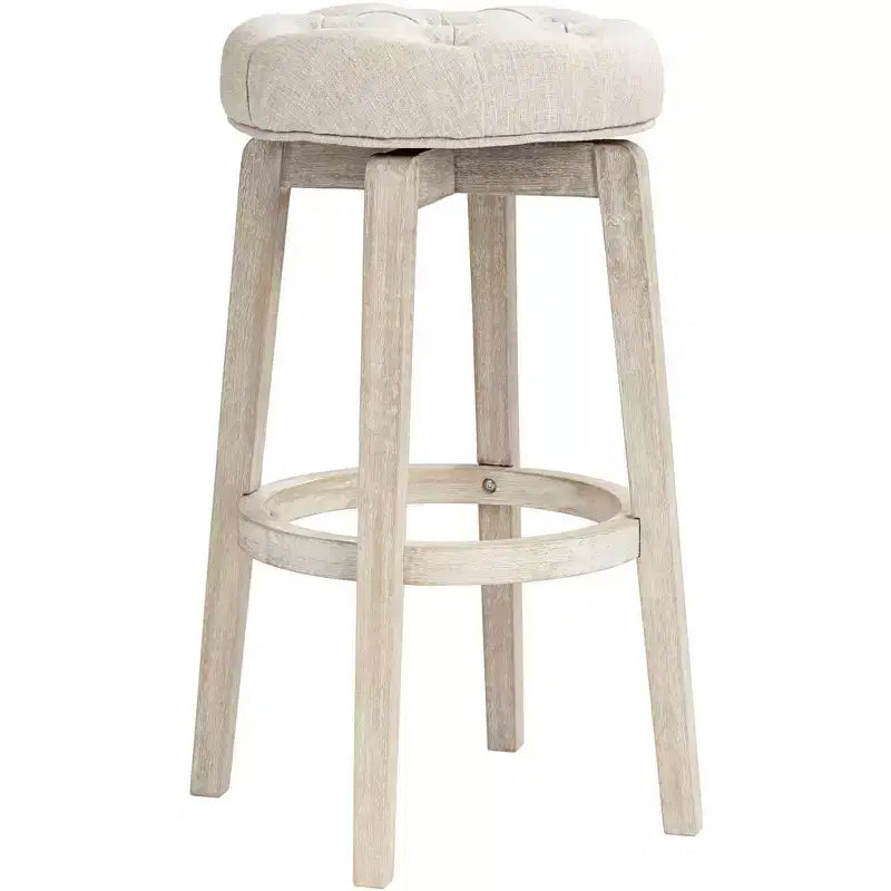55 Downing Street Shelby White Wood Swivel Bar Stool 29 High Farmhouse Rustic Oatmeal Upholstered Cushion with Footrest for Kitchen Counter Height