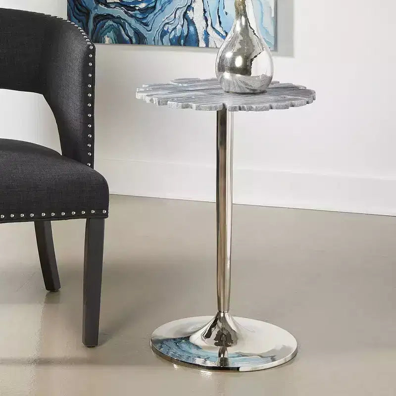 Coast to Coast Accents Polly Modern Cast Aluminum Round Accent Table 18 Silver Gray Lacey Pattern Stone Marble Tabletop for Living Room Bedroom House