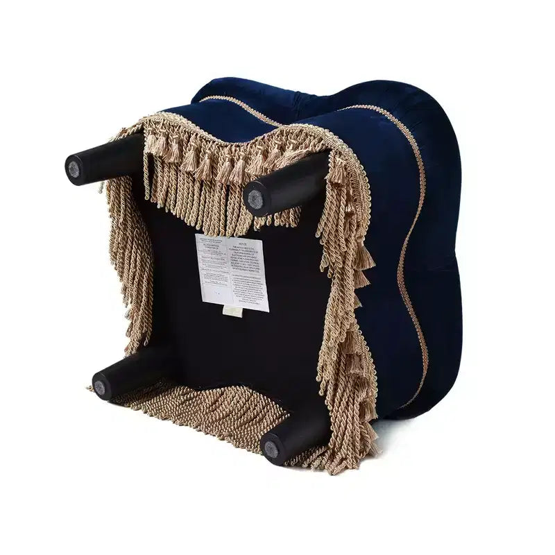 Jennifer Taylor Home Ellen Upholstered Clover Ottoman with Gold Bullion Fringe, Navy Blue Velvet