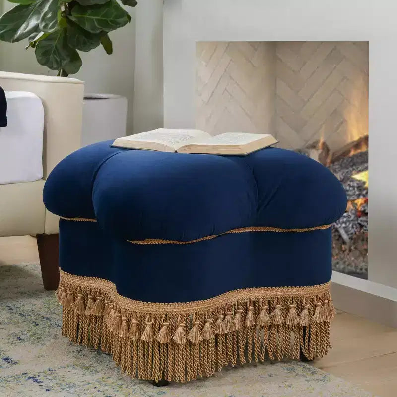Jennifer Taylor Home Ellen Upholstered Clover Ottoman with Gold Bullion Fringe, Navy Blue Velvet