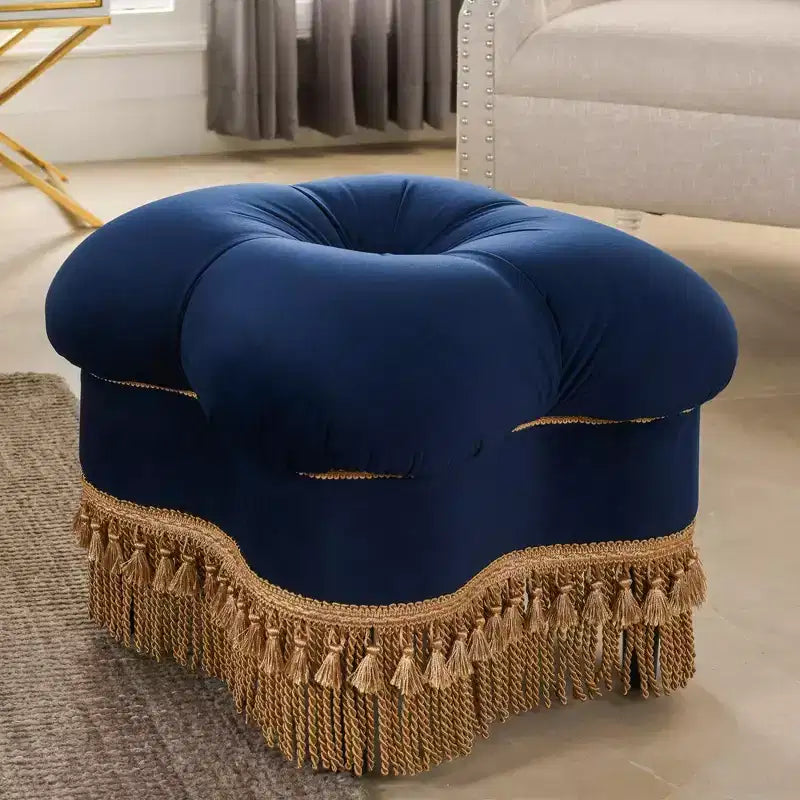 Jennifer Taylor Home Ellen Upholstered Clover Ottoman with Gold Bullion Fringe, Navy Blue Velvet