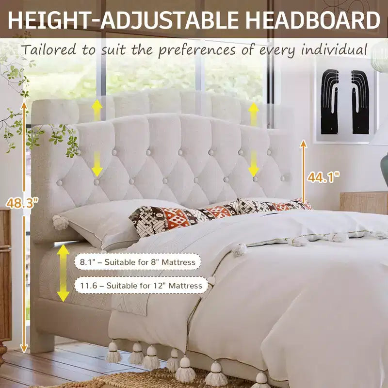 Upholstered Linen Platform Bed Frame with Curved Tufted Adjustable Headboard Beige-ModernLuxe