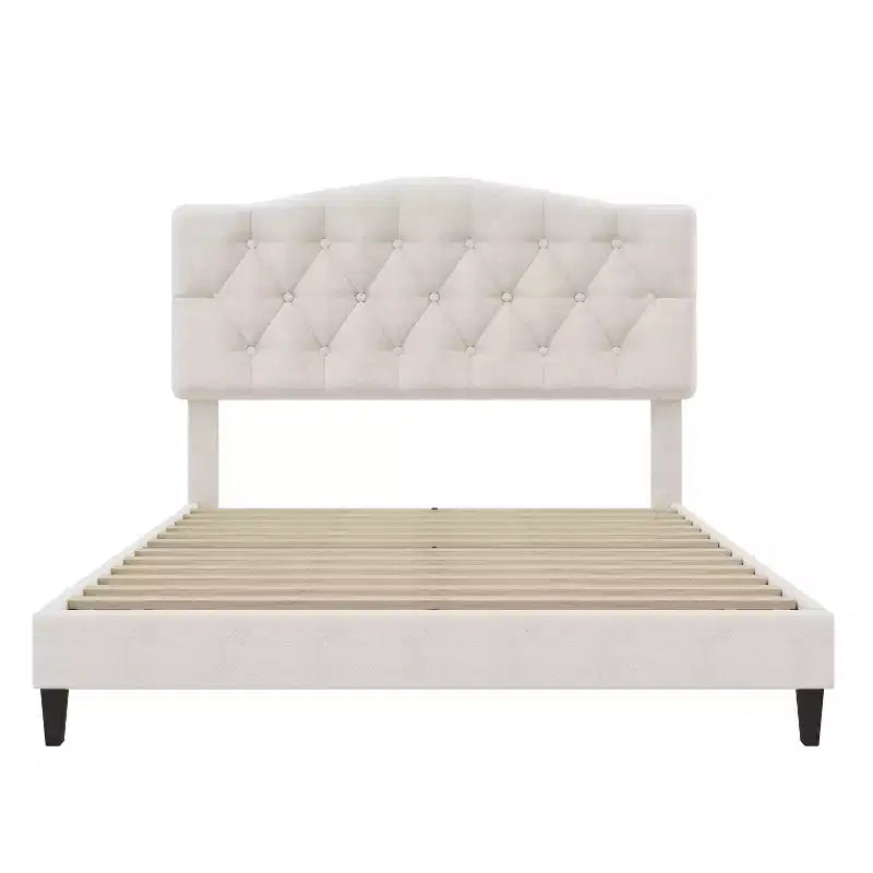 Upholstered Linen Platform Bed Frame with Curved Tufted Adjustable Headboard Beige-ModernLuxe