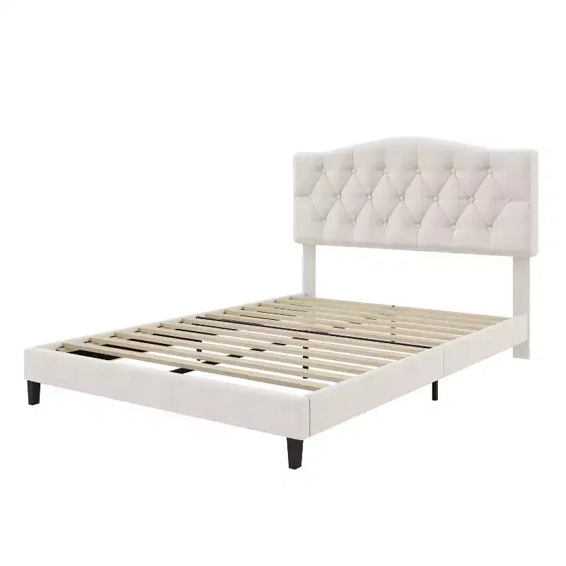 Upholstered Linen Platform Bed Frame with Curved Tufted Adjustable Headboard Beige-ModernLuxe